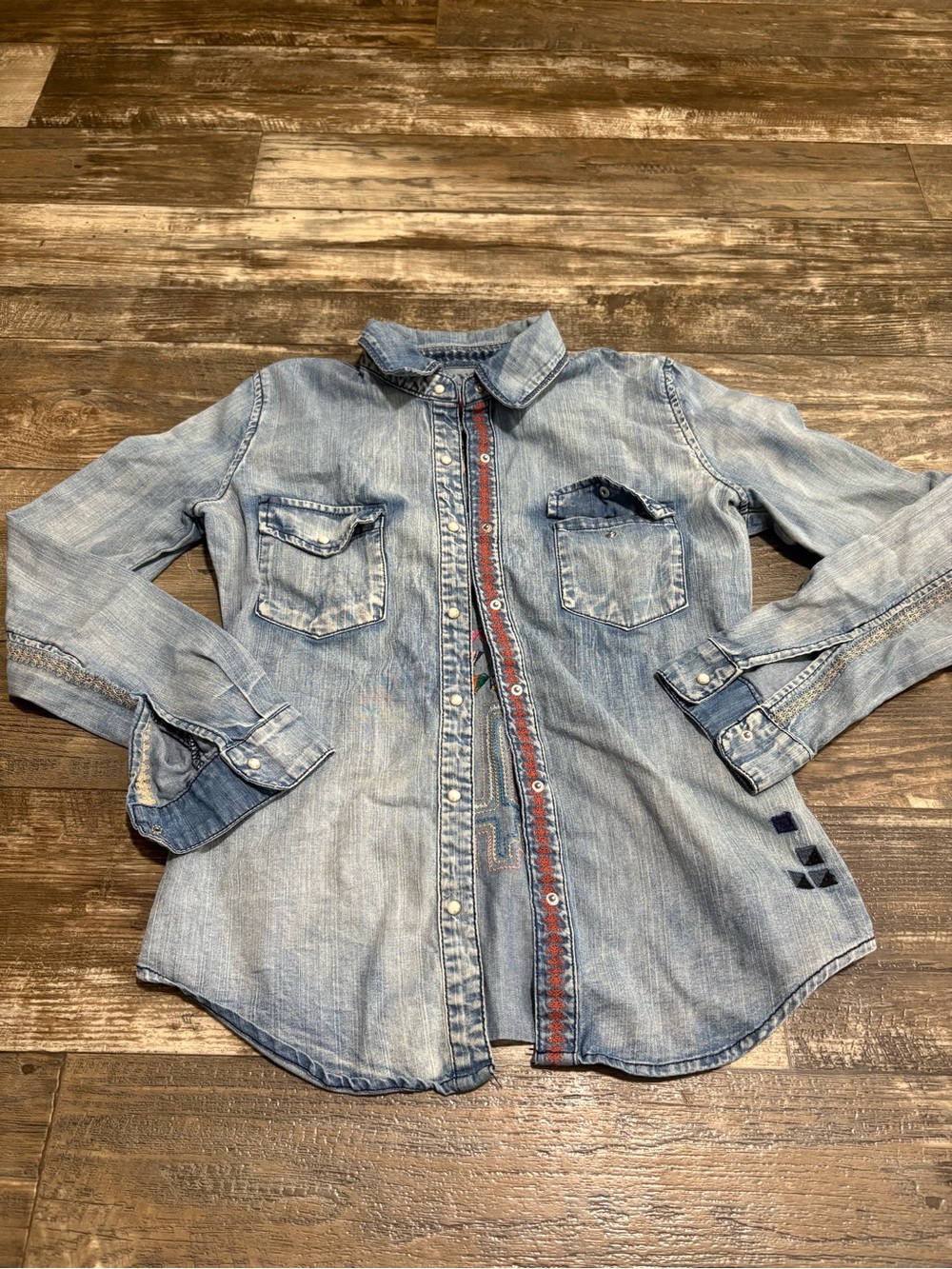 Blank NYC Light Blue Denim Button-Down Shirt with Embroidered Trim